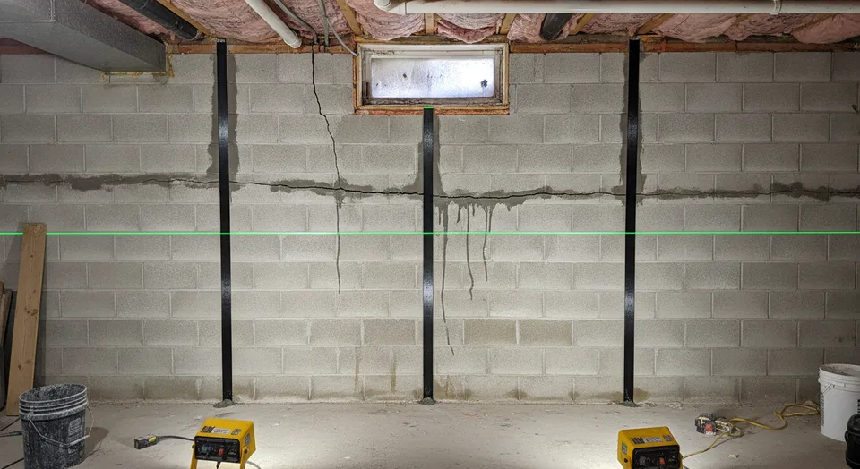 Carbon fibre straps being bonded to a bowing block basement wall in a Kitchener, Ontario home